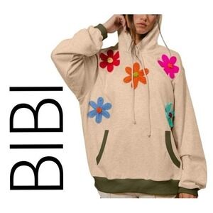 Bibi knit emboriery patched flowers cream hoodie ribbed trim woman Sz L